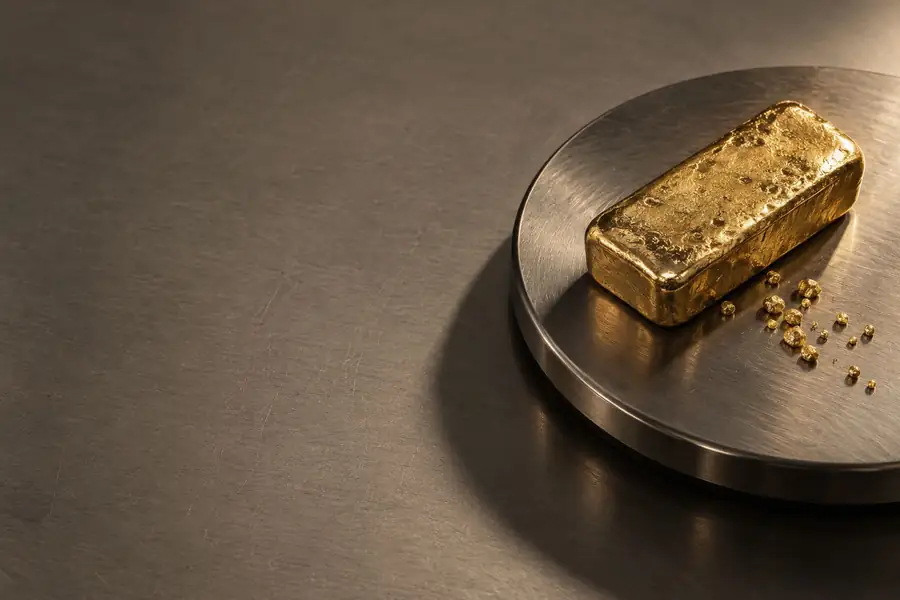 A small gold bar on the pan of a precision balance