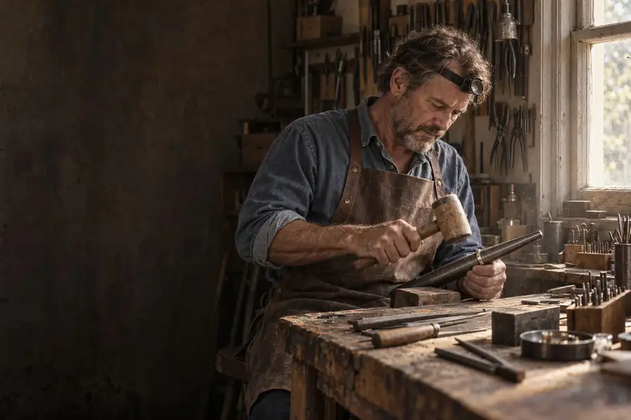 A jeweller at an ironbark bench working a gold band on a ring mandrel