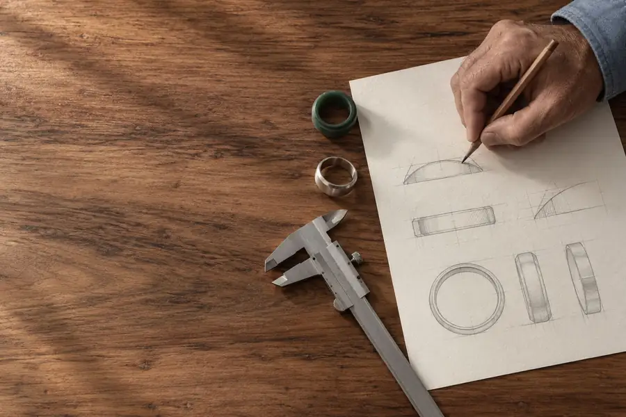 A jeweller's hand drawing ring profiles in pencil beside a wax ring and calipers