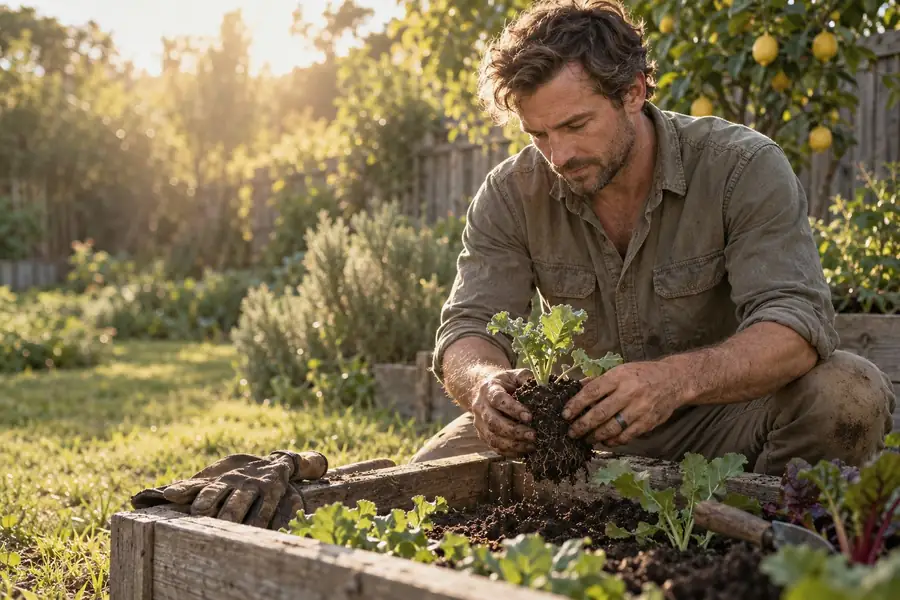 A man's soil-covered hands lifting a seedling, wearing a tungsten band