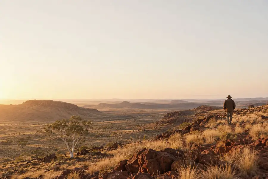 Red ironstone ridges and spinifex near Mt Isa at first light, a lone figure walking