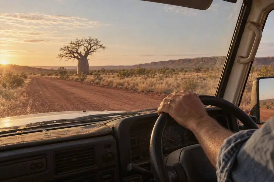 A man's hand on the steering wheel of a ute on a red dirt road near Broome