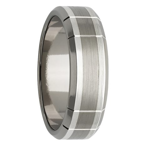 Industrial Vertical Grooves Titanium White Gold Mens Ring