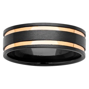 7mm Sanded Black Zirconium Ring with Yellow Gold Inlays