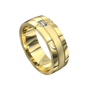 WWAD7066-YG-Sophisticated Yellow Gold Brushed Edges Men's Wedding Band with Baguette Diamond