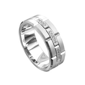 WWAD7068-WG-Bold Brushed White Gold Men's Wedding Ring with Modern Diamond