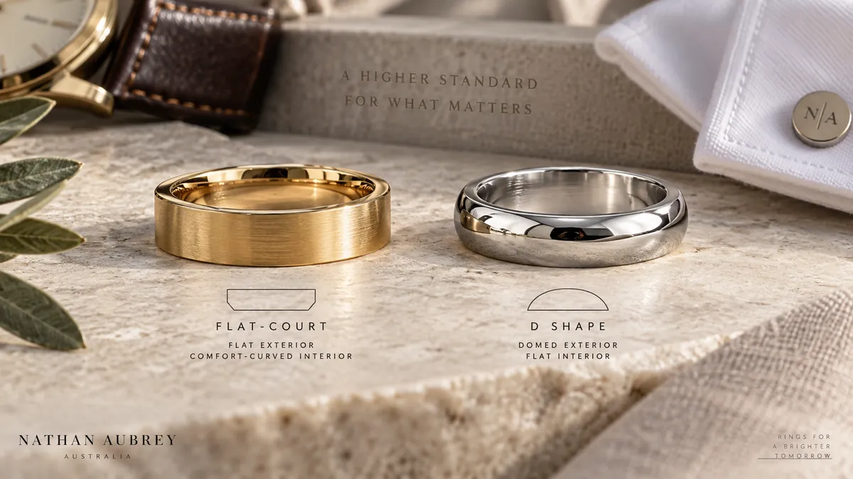 flat court vs d shape wedding band — styled product photo