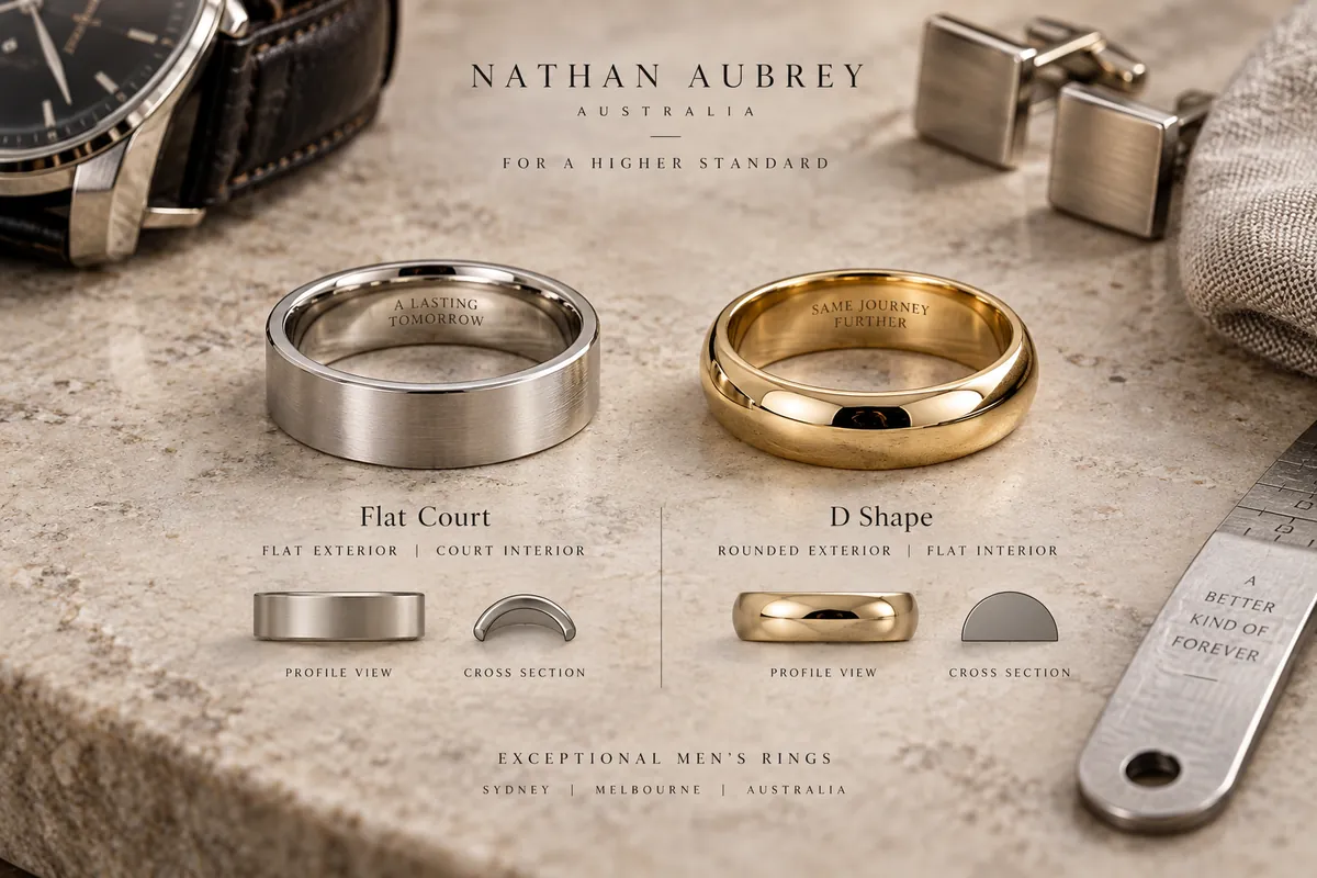 flat court vs d shape wedding band — close-up detail