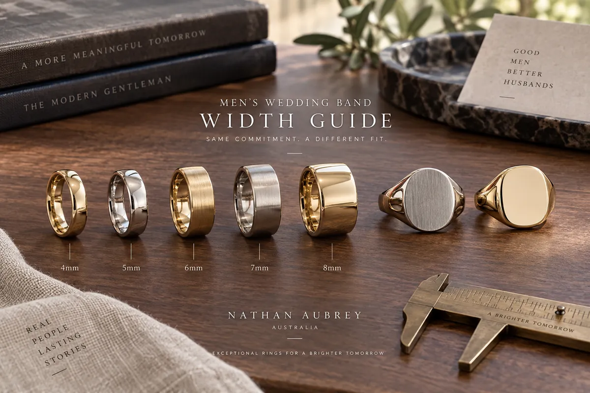 men's wedding band width guide Australia — styled product photo