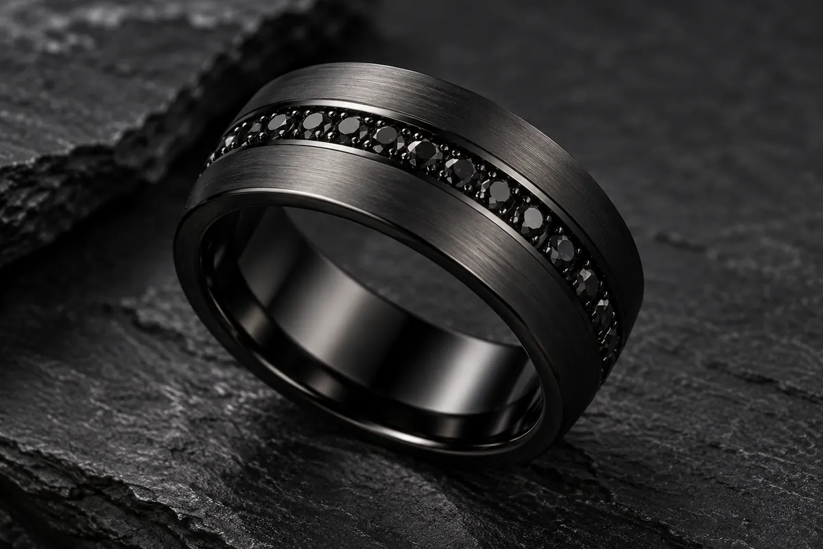 Men's black diamond channel set matte wedding band on slate
