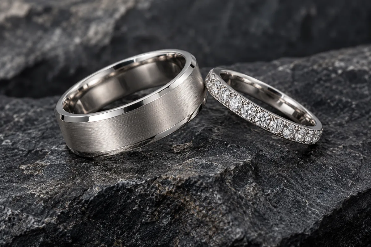 Men's sterling silver band beside a diamond-set silver band on dark stone