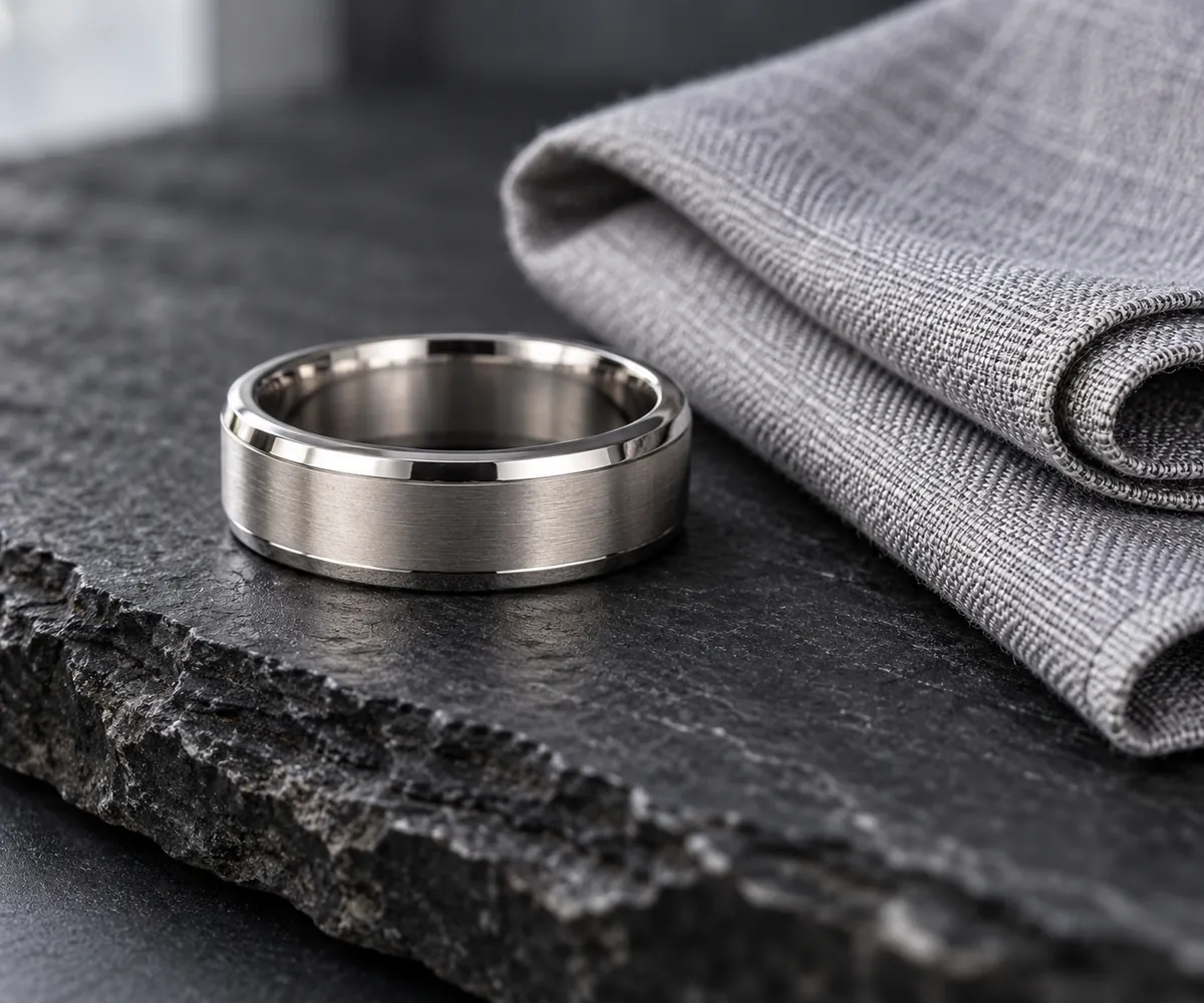 Men's platinum wedding band on slate beside a pocket square